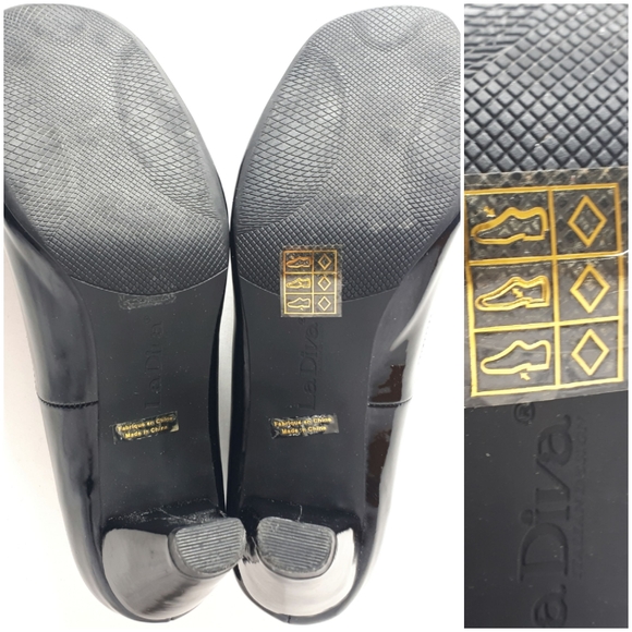 La Diva Chunky Heel 3D Flower Toe Black Patent 8 - Picture 11 of 13